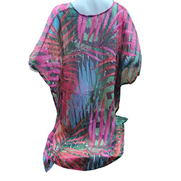 One Size Tropical Leaves Kimono Shear Beach Suit Cover-up Lace Up Neck Party - Picture 3 of 6